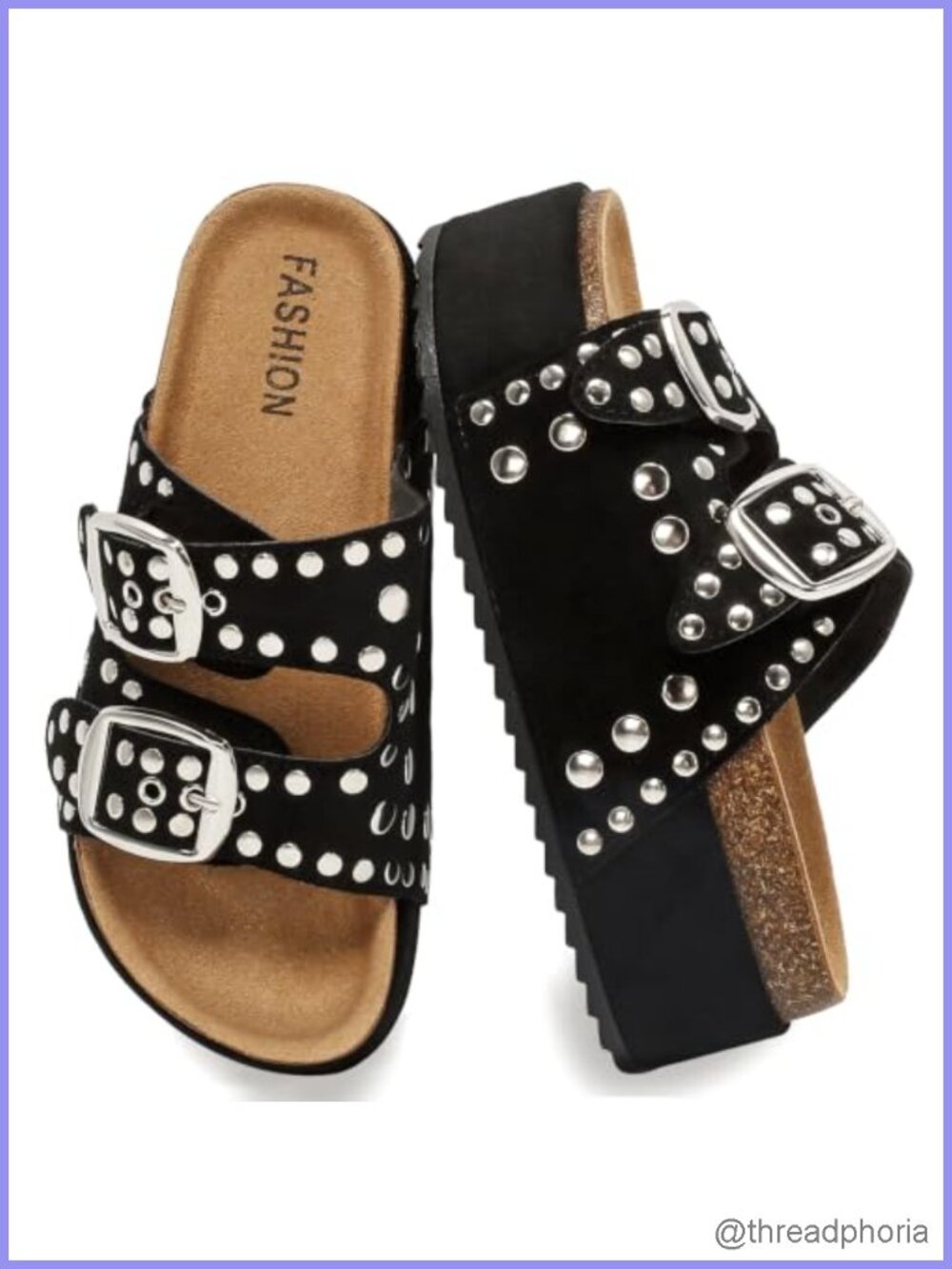 Women's Suede Platform Sandals Studded Chunky Slides Double Buckle Cork Footbed